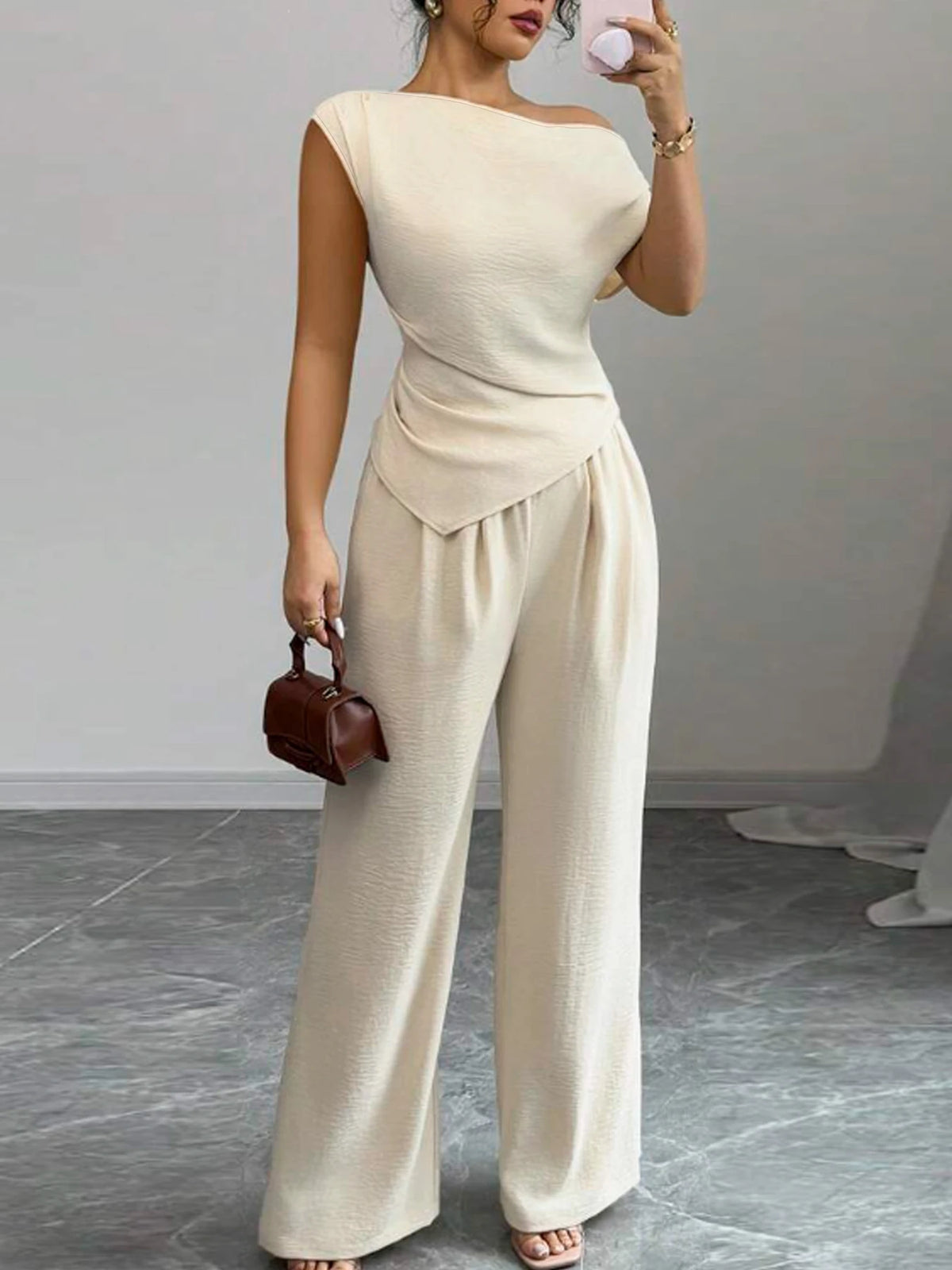Women Asymmetric Top Wide Leg Pants Two Piece Casual Set