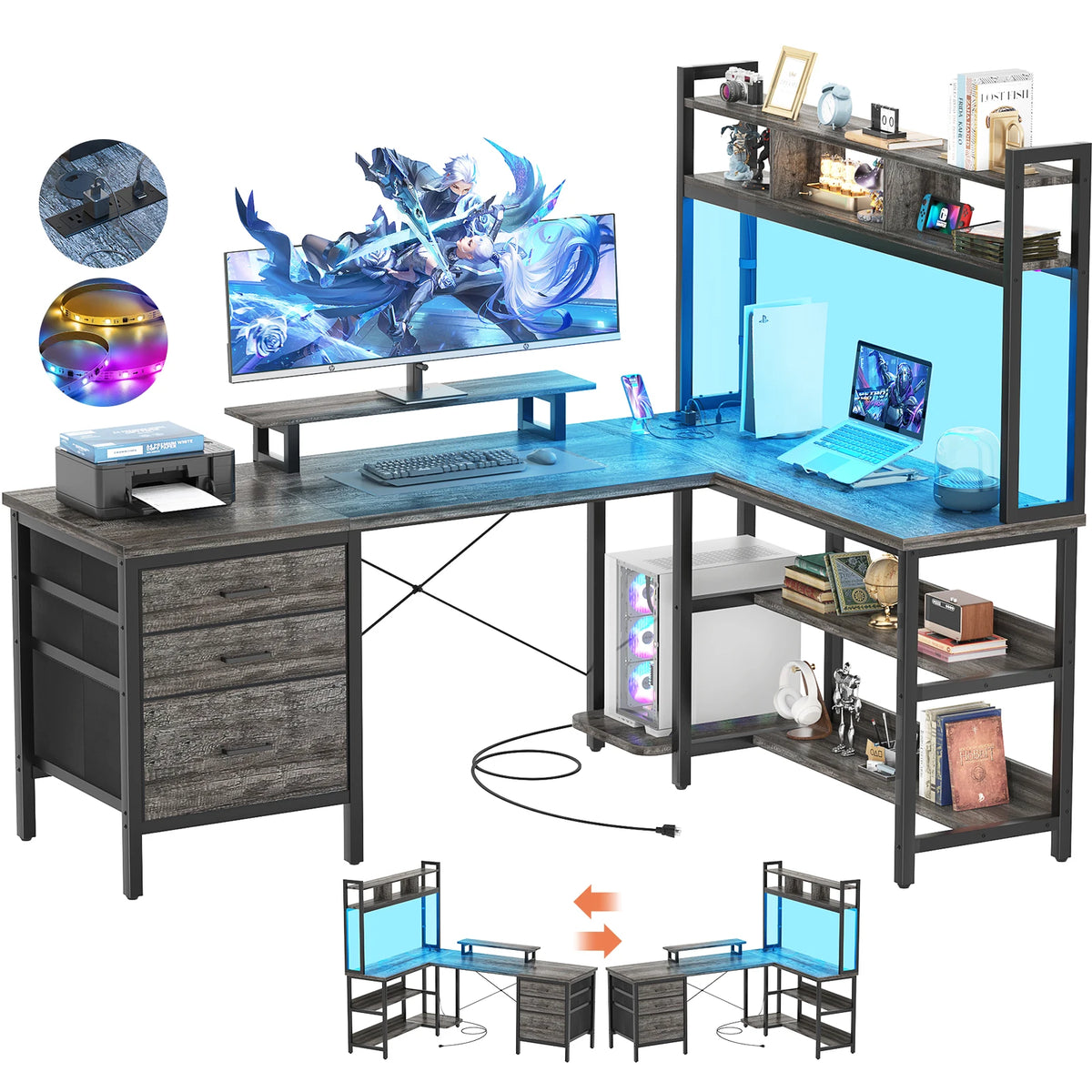 Aheaplus Corner Gaming Desk With Led Lights And Power Outlet