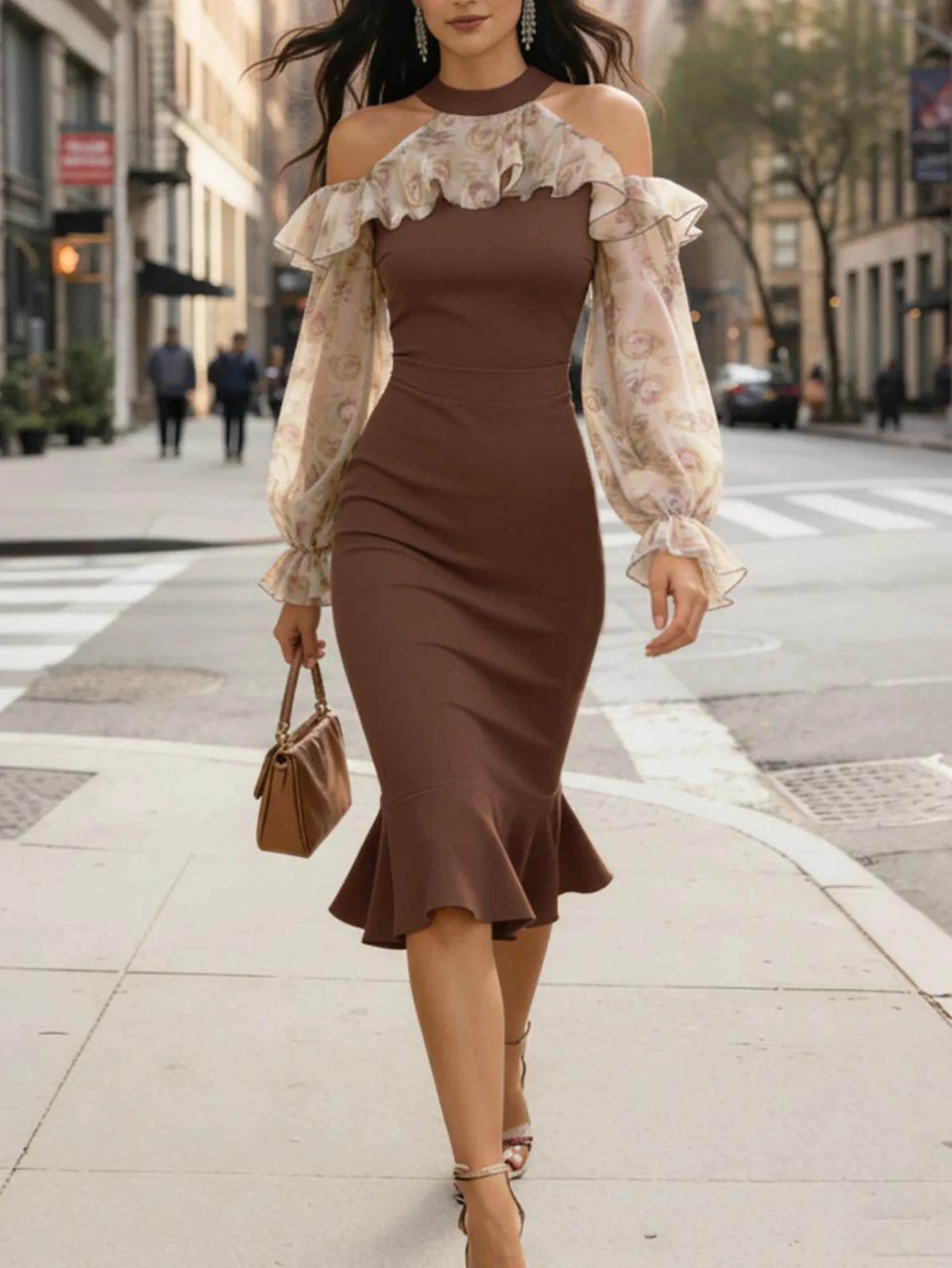 Women Floral Print Cold Shoulder Ruffle Collar Midi Dress