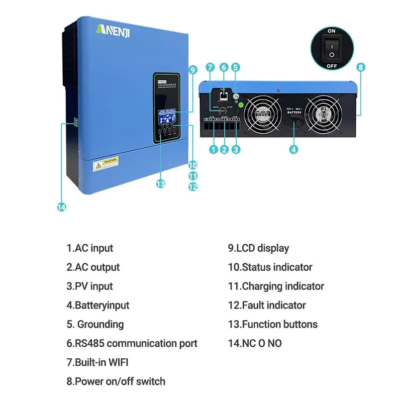 ANENJI 110V/120VAC Hybrid Solar Inverter 3KW 24V MPPT Pure Sine Off Grid Photovoltaic Inverter with100A Solar Charger PV 500VDC