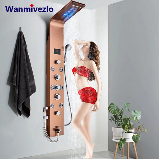 Wanmivezlo Shower Panel Column 6-Ways Functions LED Rain Waterfall Shower With Digital Display and Bidet Bath Shower Crane