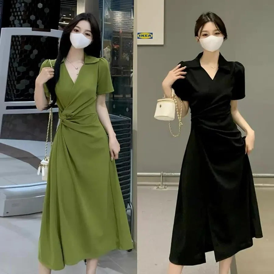 【New style】Pear shaped figure super slimming and skin-covering dress summer new style polo collar knot knot -style split a-line