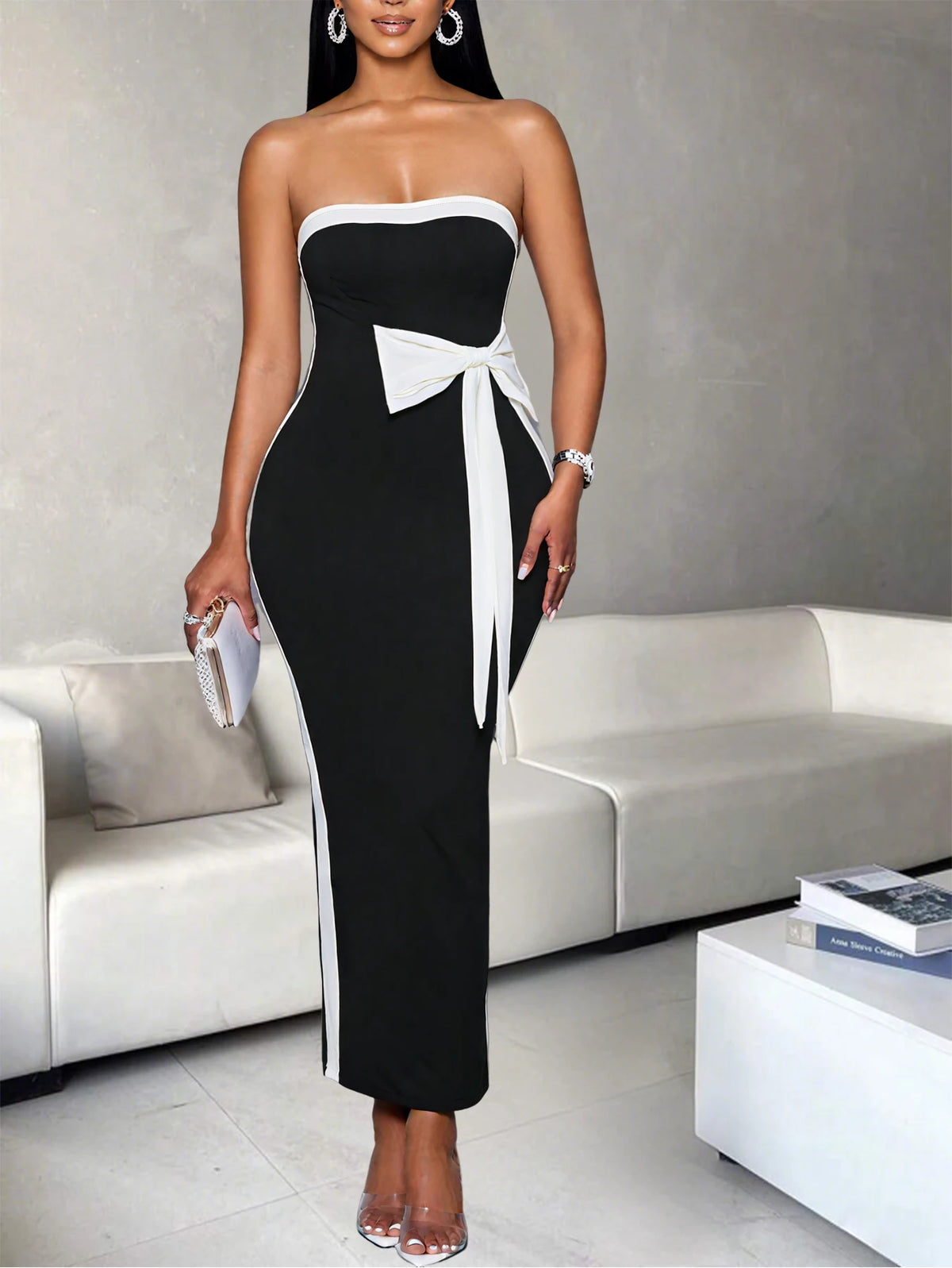Elegant Color Block One Shoulder Butterfly Bow Dress For Women