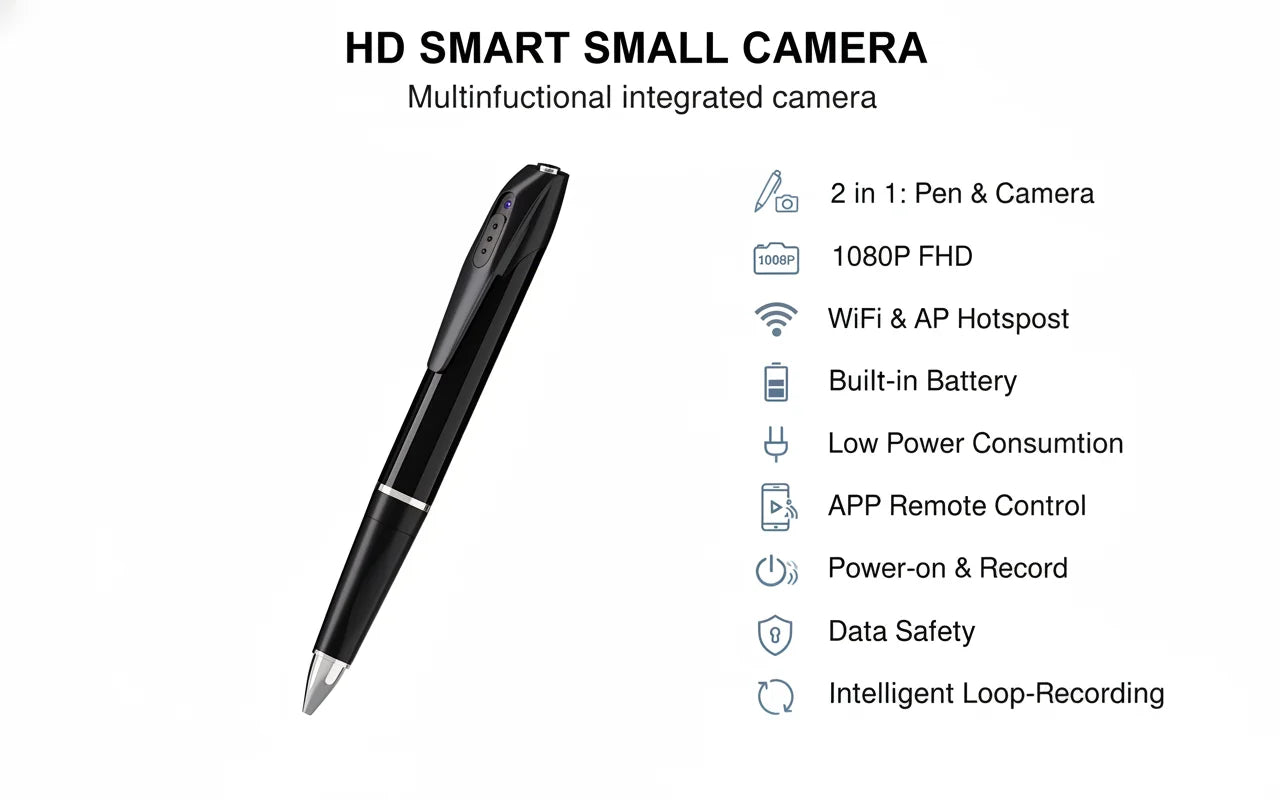 1080P HD Mini Pen Camera 300mAh Rechargeable Portable Video Recorder Wireless WiFi Connection Smart Motion Detection Real Time Remote View Multifunctional Recorder Cam for Home Office Meeting Study Daily Recording
