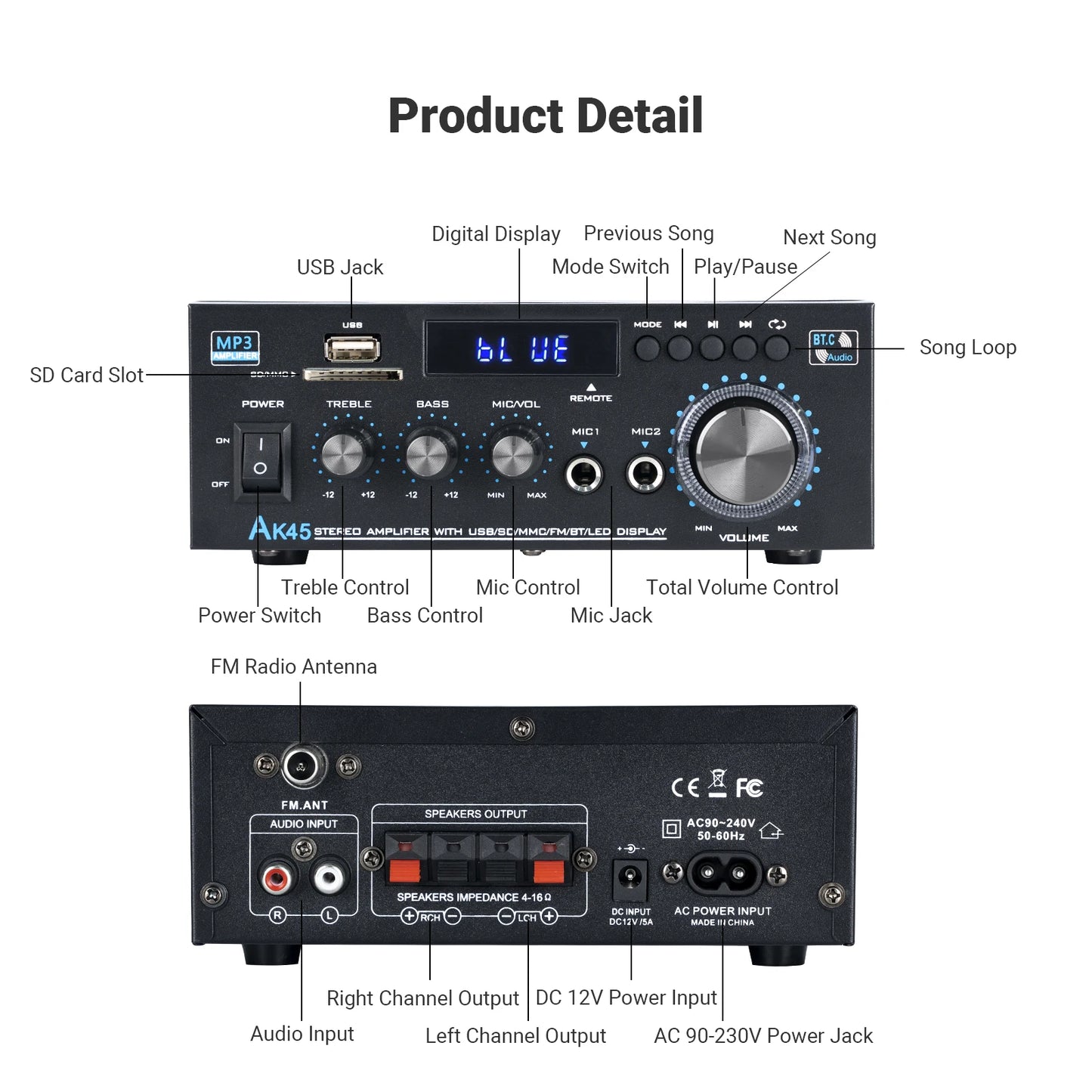 NEOHIPO AK45 2.0 Channel Amplifier 40Wx2 Stereo Audio Power Amp with Bluetooth 5.0, USB/SD Playback, Bass Treble Control for Hom
