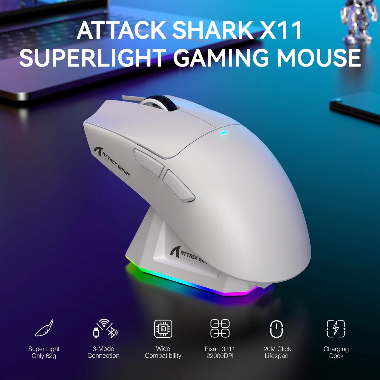 Attack Shark X11 Wireless Gaming Mouse With RGB Backlight Charging