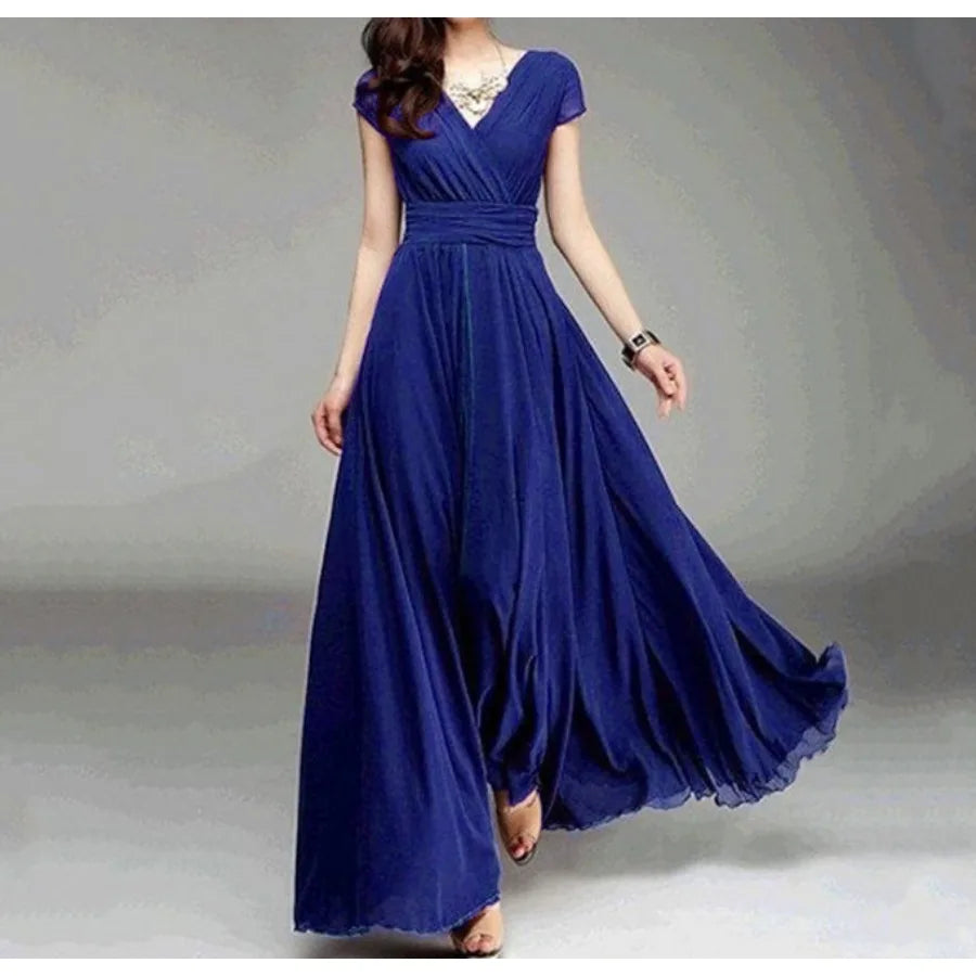 【New style】- access  Europe and America V-neck short-sleeved Bohemian chiffon waist dress