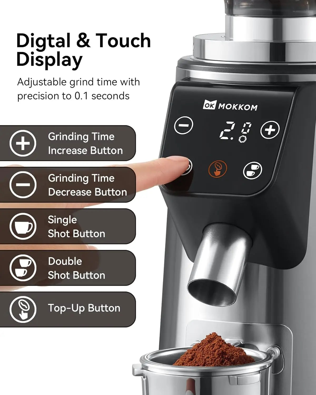 64mm Flat Burr Coffee Grinder 100 Grind Settings All Metal Stainless Steel Body Adjustable Electronic Timer Anti Static LED Disp