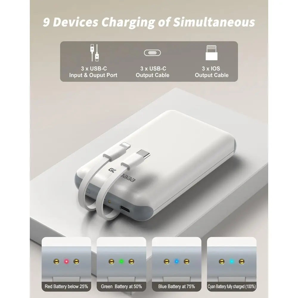 Compact 3-Unit 10000mAh Power Bank with Built-In Cables, Triple USB Outputs, DIY Sticker Set for Mobile Devices and More