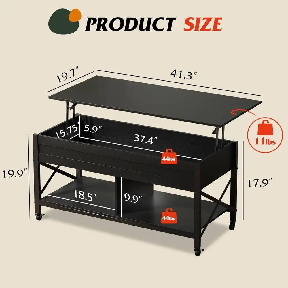 Coee Table, 41.3" Lit Top Coee Table with 4 Wheels, Hidden Comparent, Storage Shel and Lit Tabletop or Living Room, Retion Room,