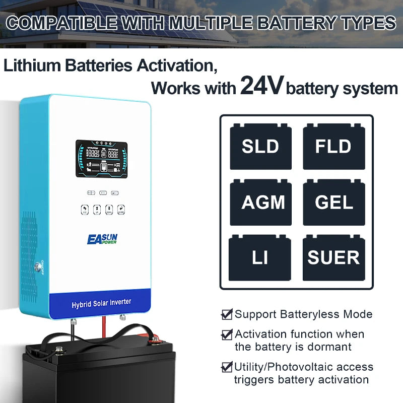 EASUN POWER 4000W 24V Off Grid Pure Sine Wave Solar Inverter with 6.25 Inch LCD Display and Touchable Buttons Built-in 150A MPPT