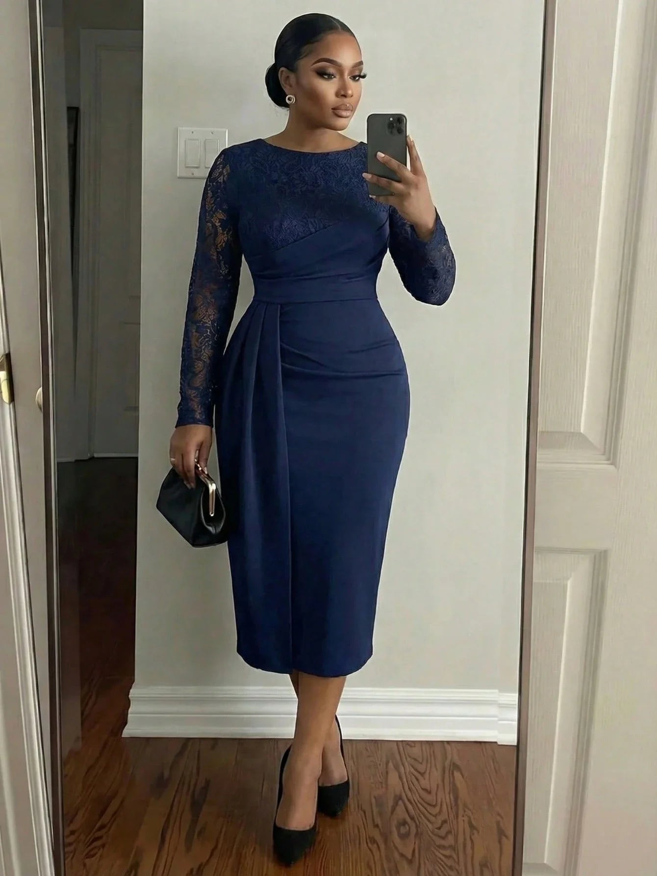 Lavender Lace Long Sleeve Midi Dress With Draped Waist For Women Elegant Office Party Wear Fall Winter Plus Size Outfit