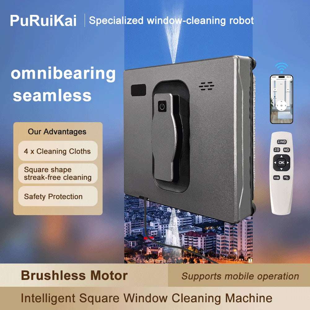 PuRuiKai Robot Window Cleaner,Dual Water Spray,With APP Control,High Vacuum Suction,Laser Sensor, Home Wall Glass Cleaning Robot