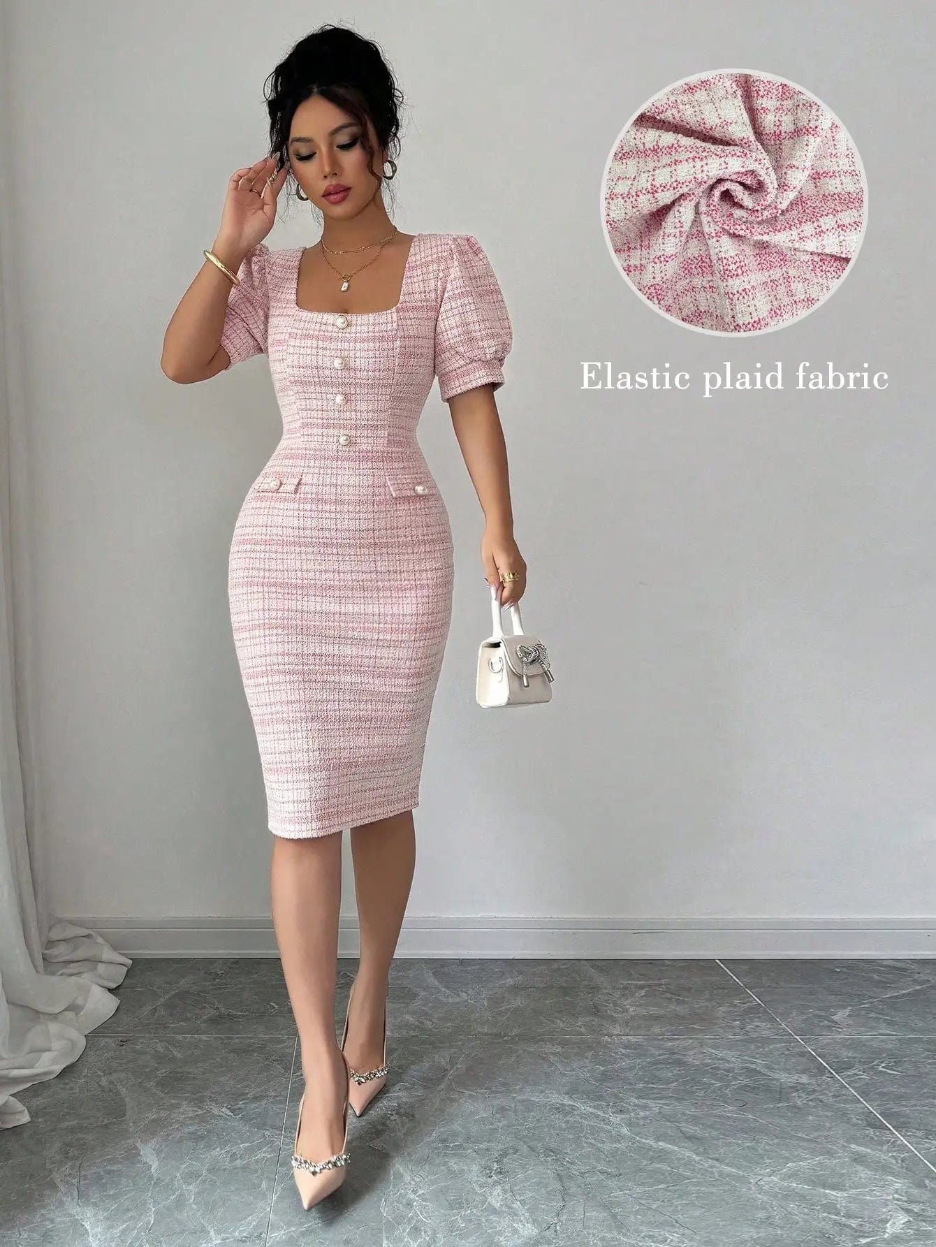 Elegant Square Neck Puff Sleeve Bodycon Midi Dress With Buttons