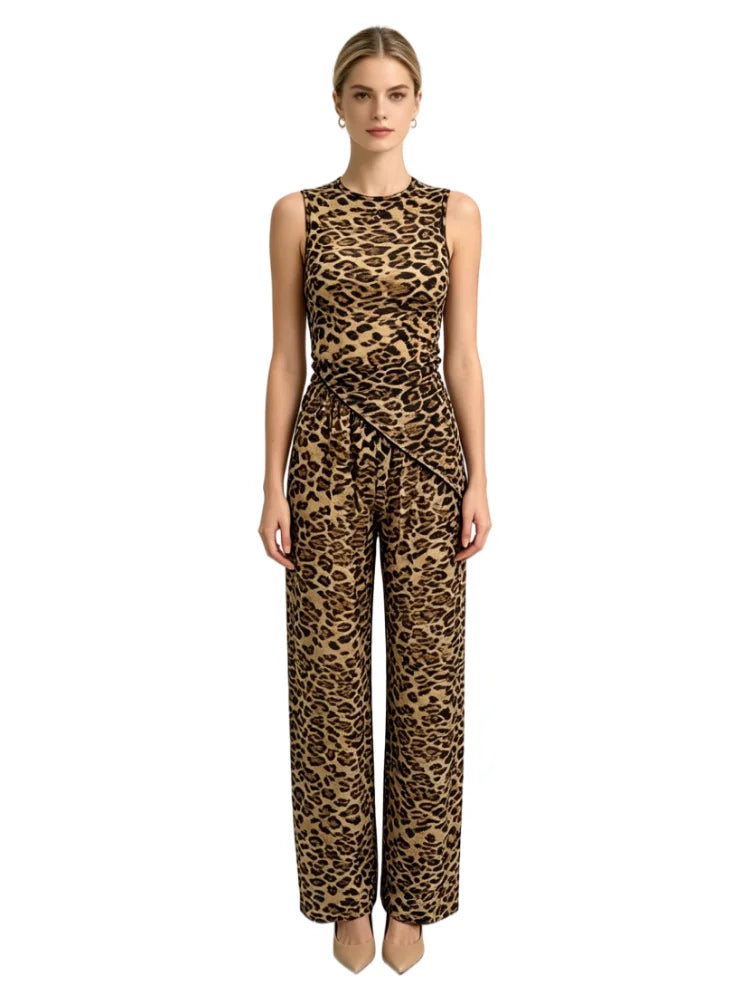 Women's Sheer Leopard Print Vest and Wide Leg Trousers Set