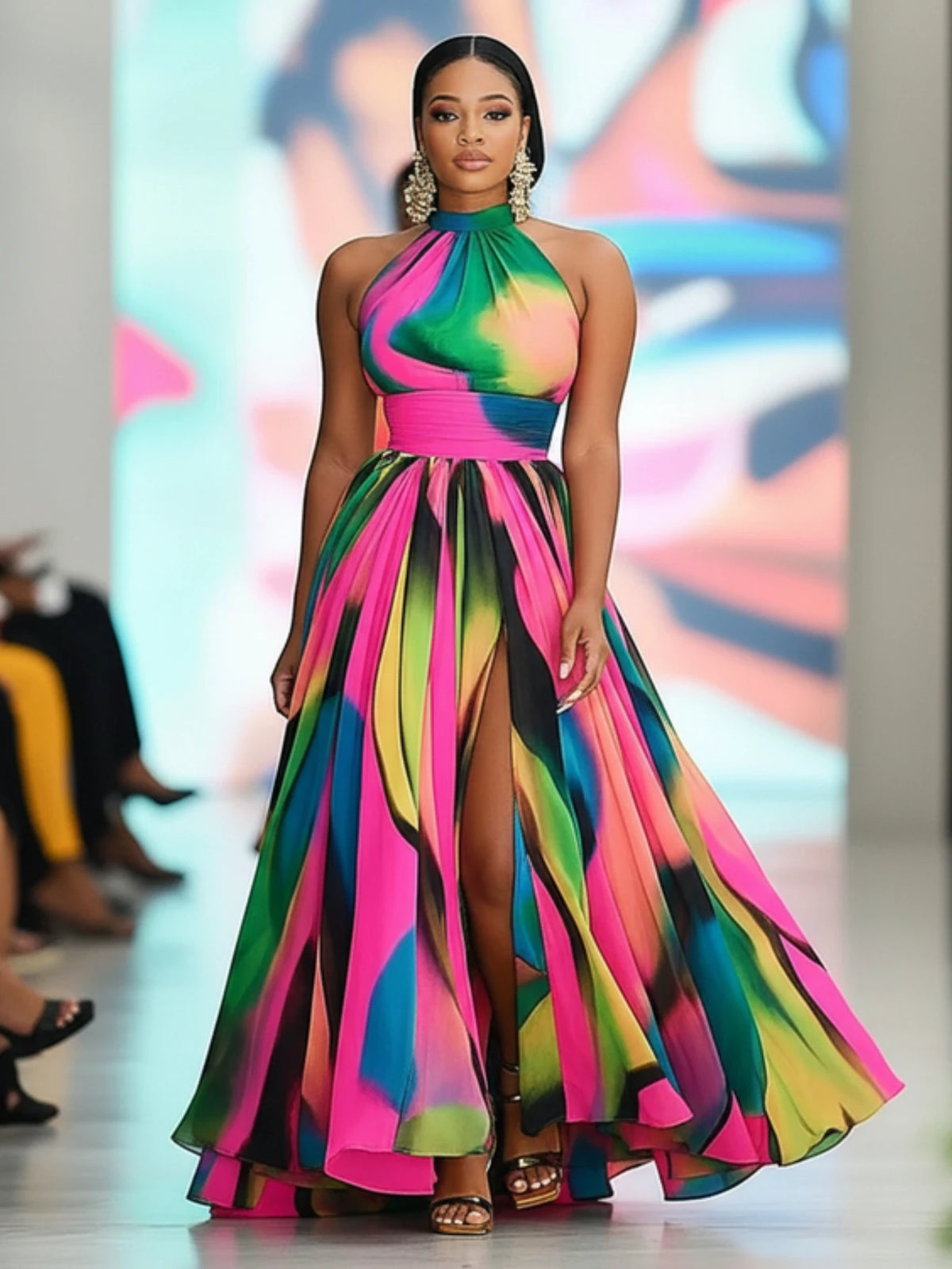 Women Halter Neck Printed Maxi Dress With High Slit