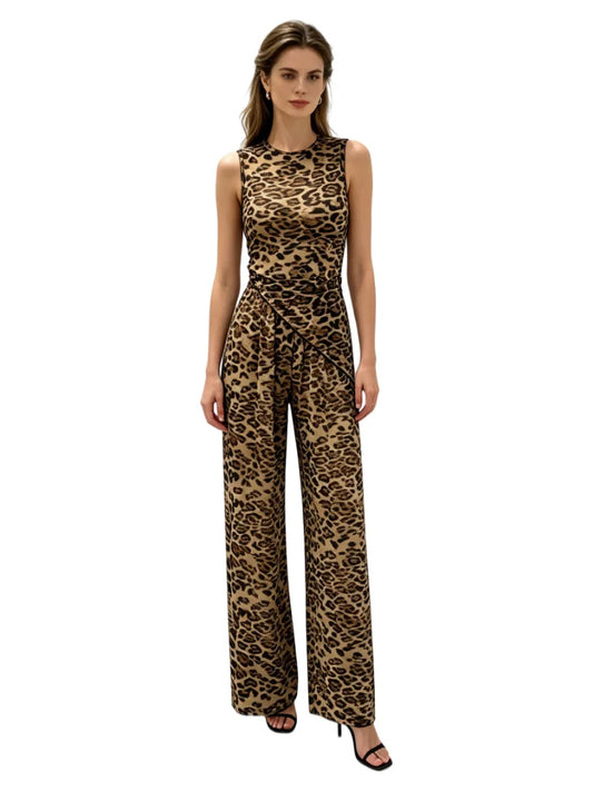 Women's Sheer Leopard Print Vest and Wide Leg Trousers Set