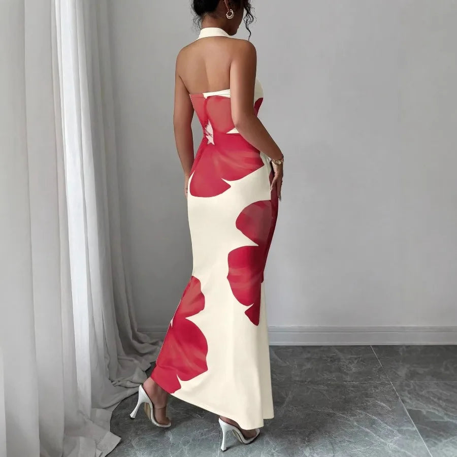 【New style】European and American   women's clothing 2026 new style  hot style hanging neck backless long dress bag hip printed