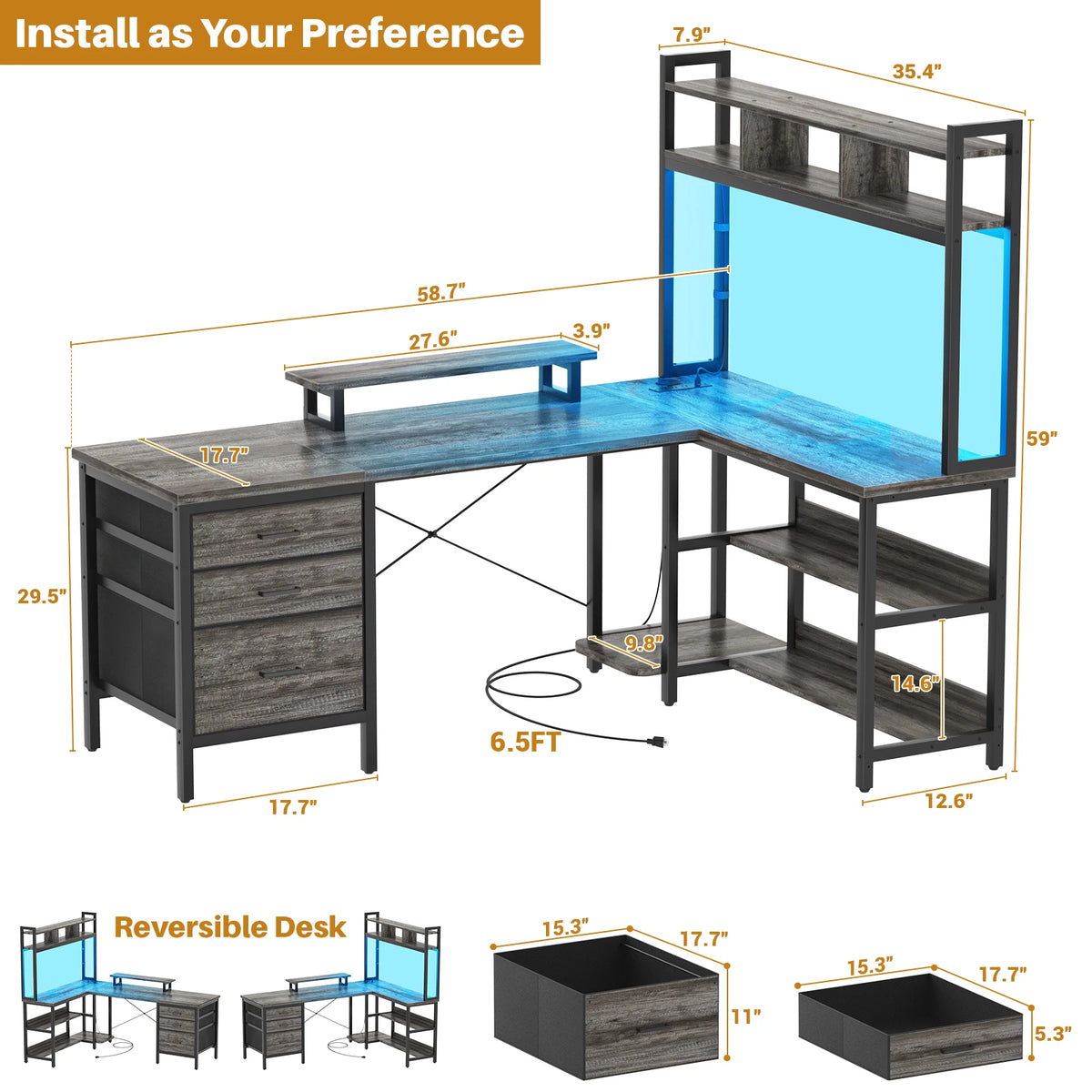 Aheaplus Corner Gaming Desk With Led Lights And Power Outlet