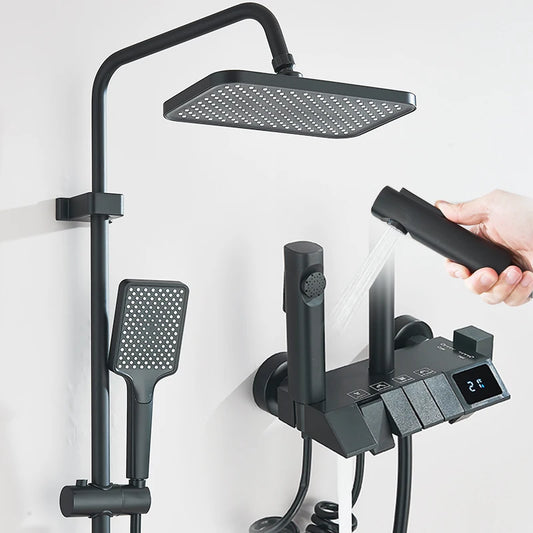Rozin Black Smart Digital Display Shower Faucet Set Piano Style Rainlfall Bathroom System Grey Digital Mixer Tap Bidet Shower