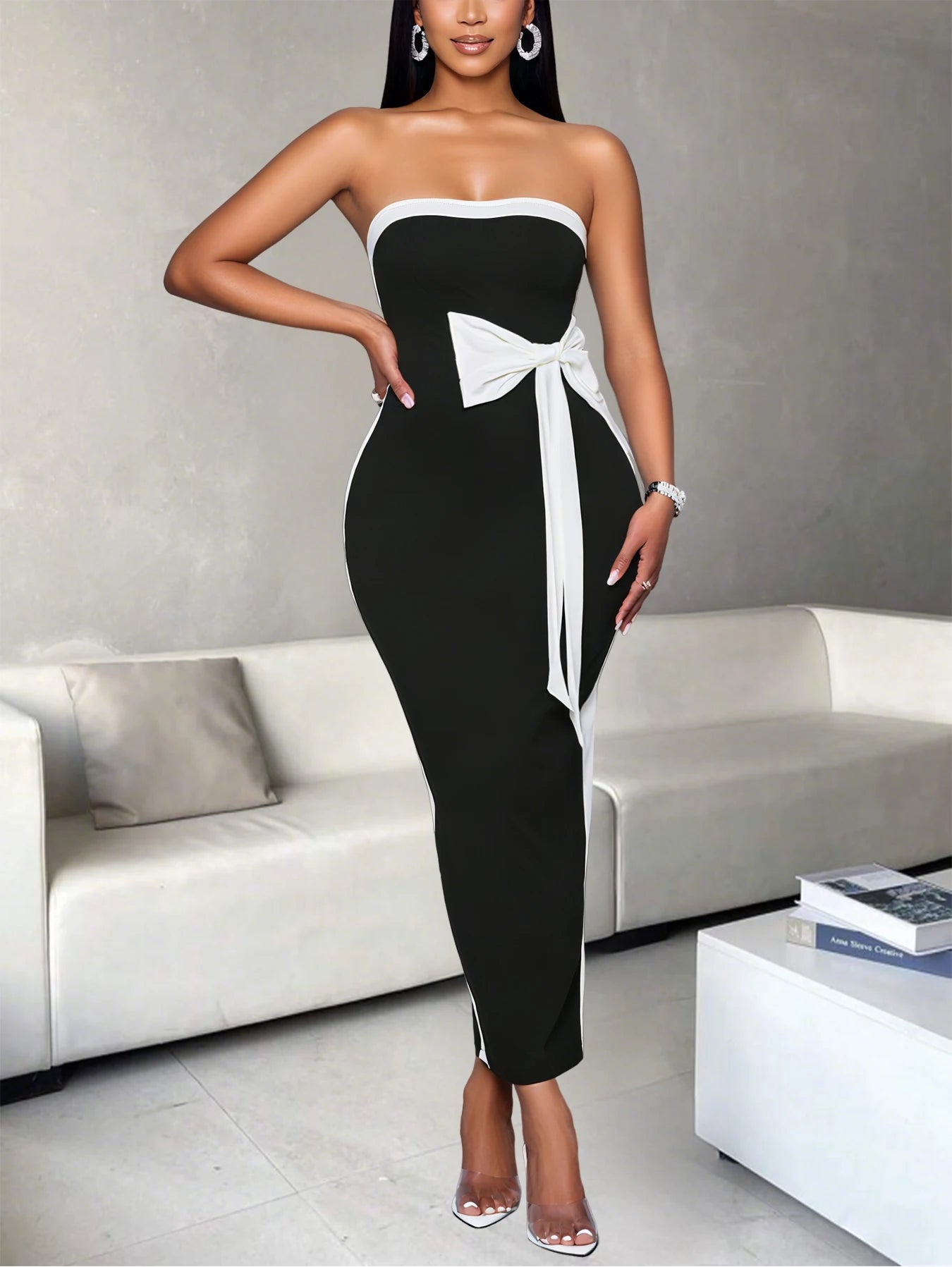 Elegant Color Block One Shoulder Butterfly Bow Dress For Women