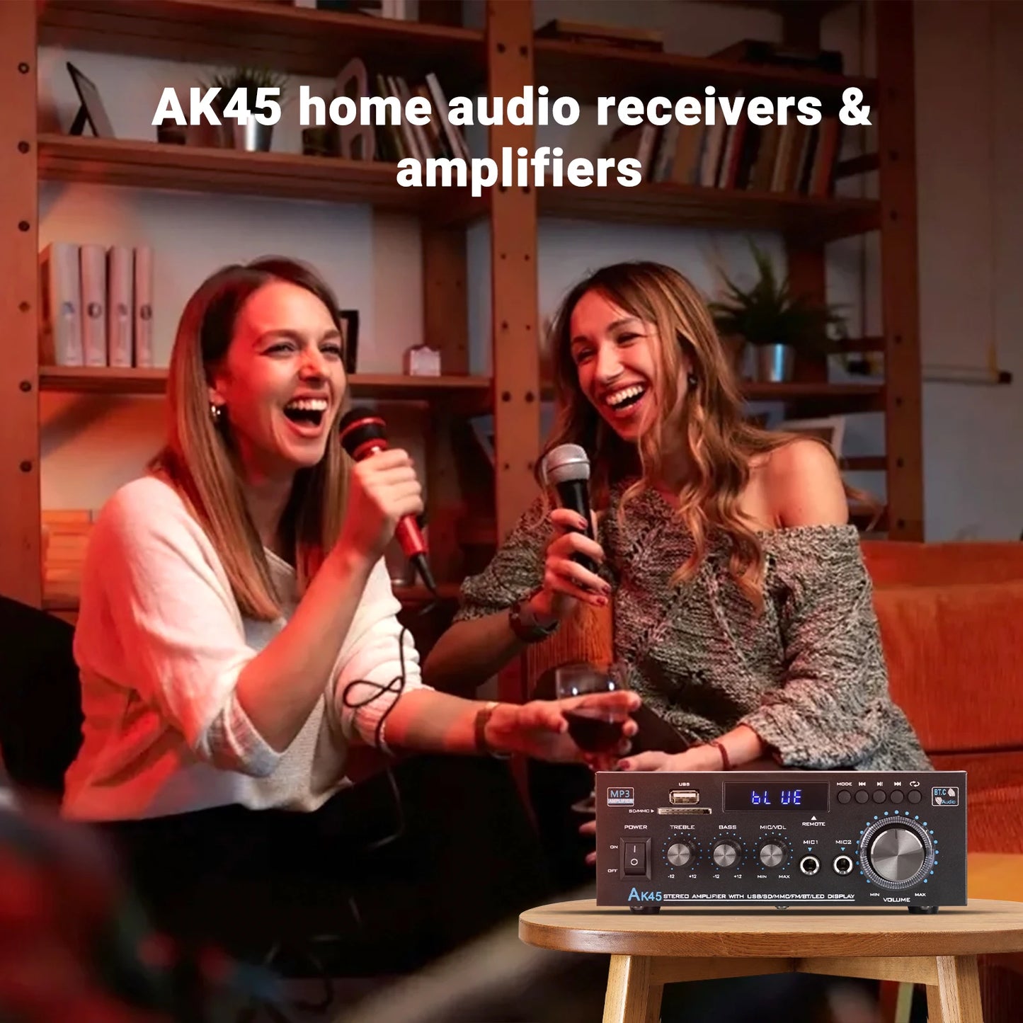 NEOHIPO AK45 2.0 Channel Amplifier 40Wx2 Stereo Audio Power Amp with Bluetooth 5.0, USB/SD Playback, Bass Treble Control for Hom