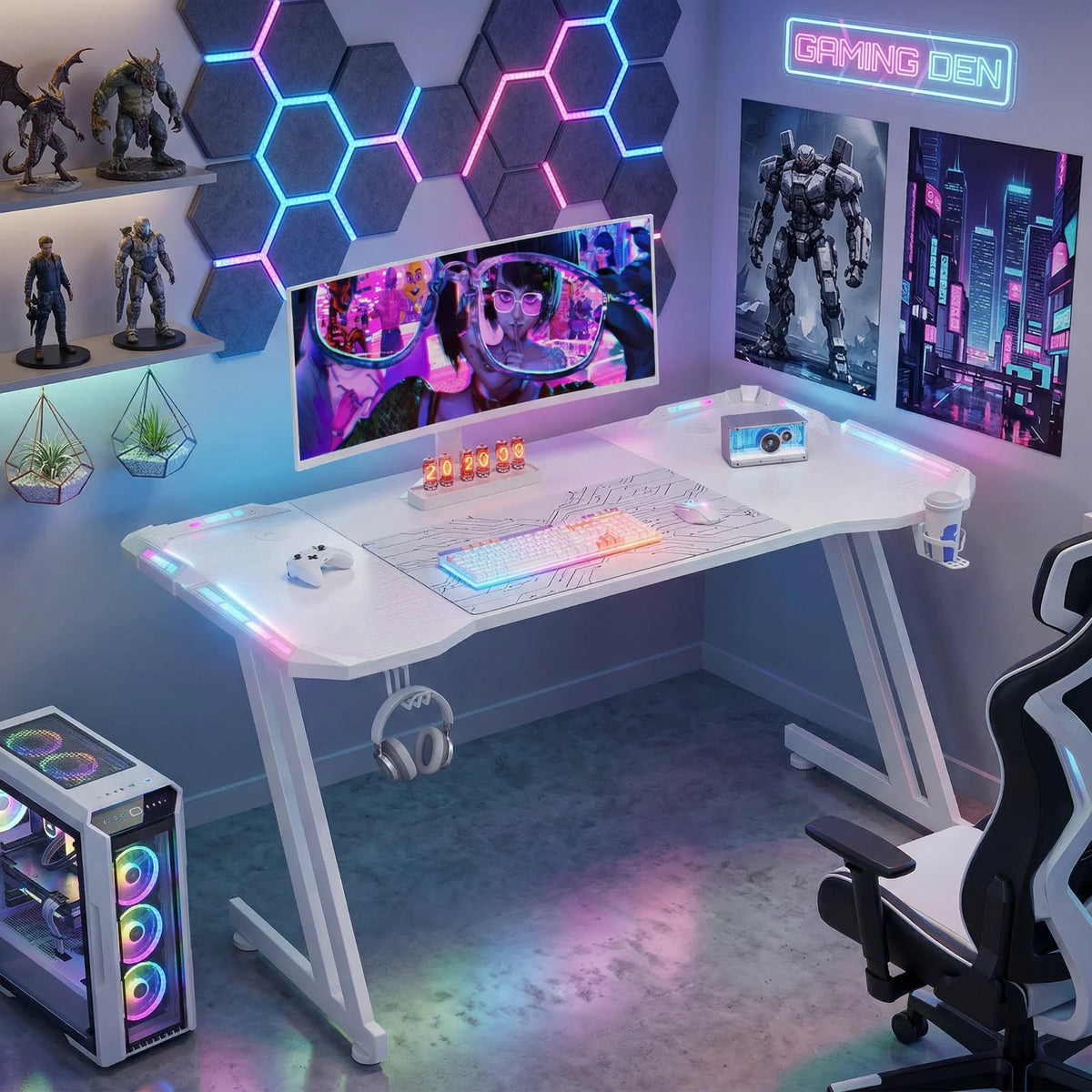 Frodrovia Ergonomic Gaming Desk With Led Lights And Cup Holder