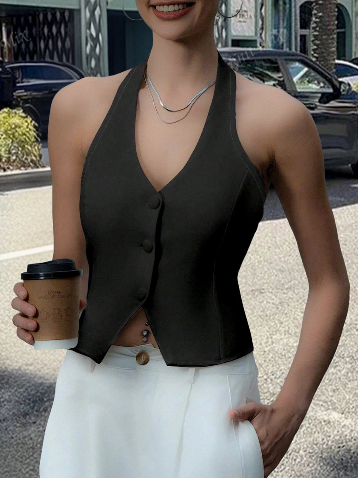 Women Halter Neck Button Vest Top Back Tie V Neck