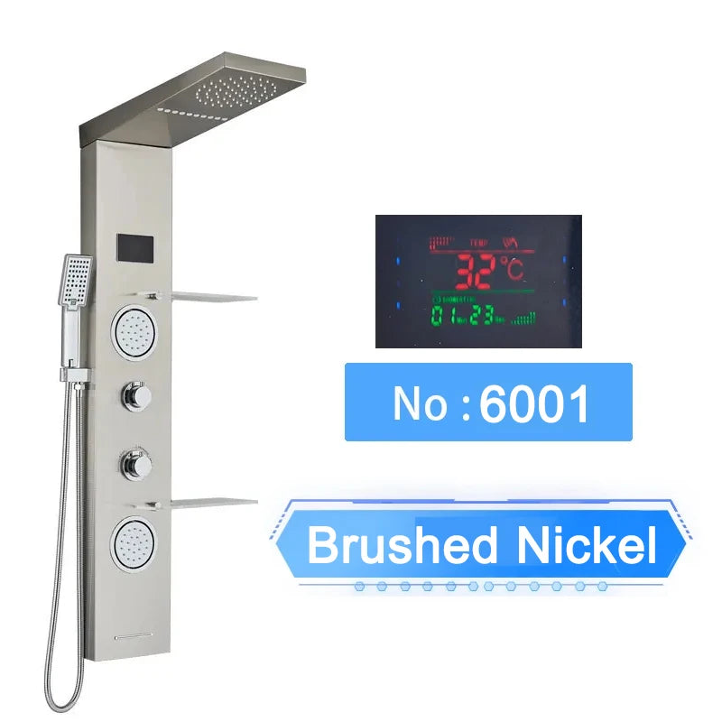 LED Shower Panel Digital Display Shower Faucet System Set Rain Waterfall Bathroom Column Mixer With SPA Massage Jet