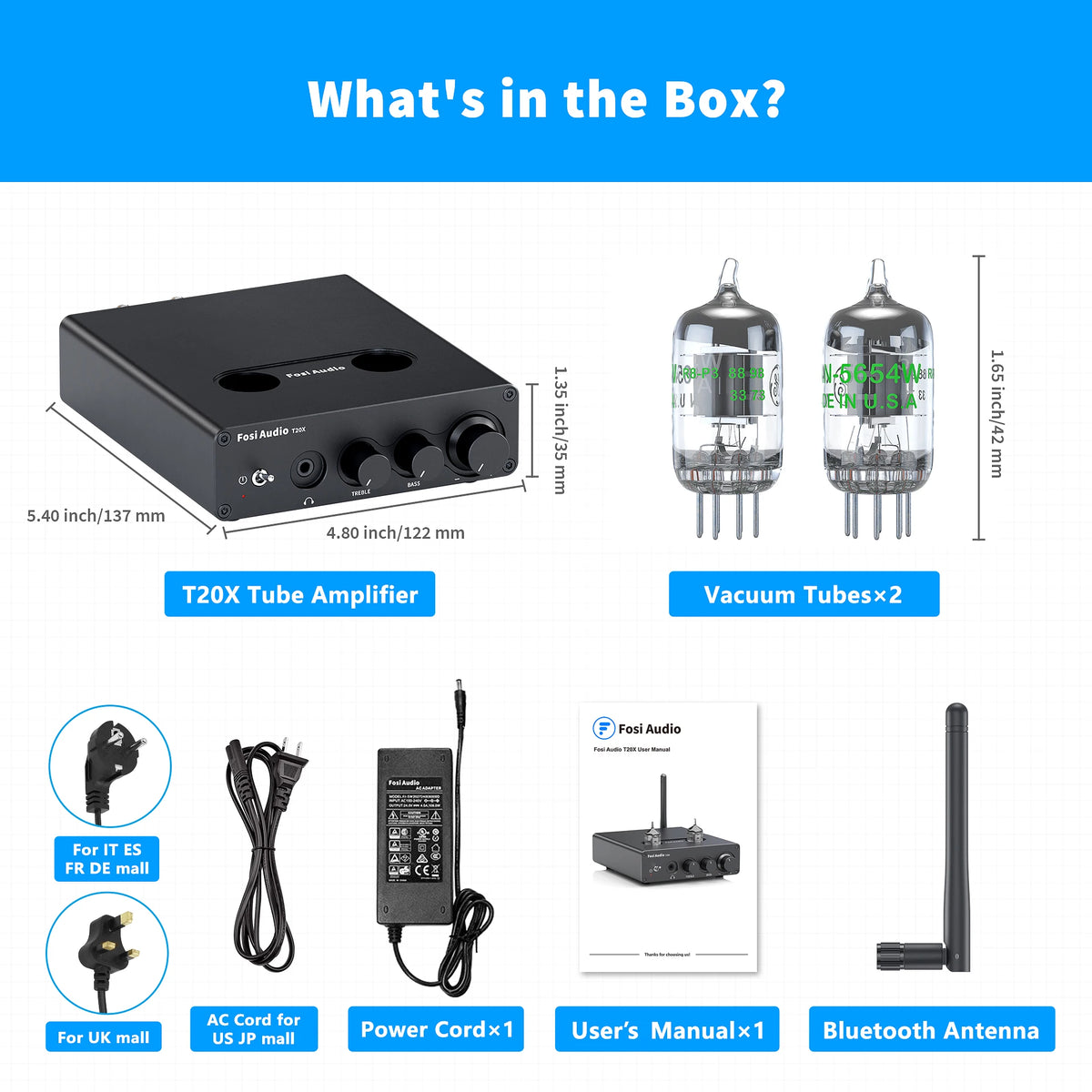 Fosi Audio T20X 100W Bluetooth Vacuum Tube Amplifier Stereo Power Amp TPA3221 Headphone Amplifier For Home Theater Speakers