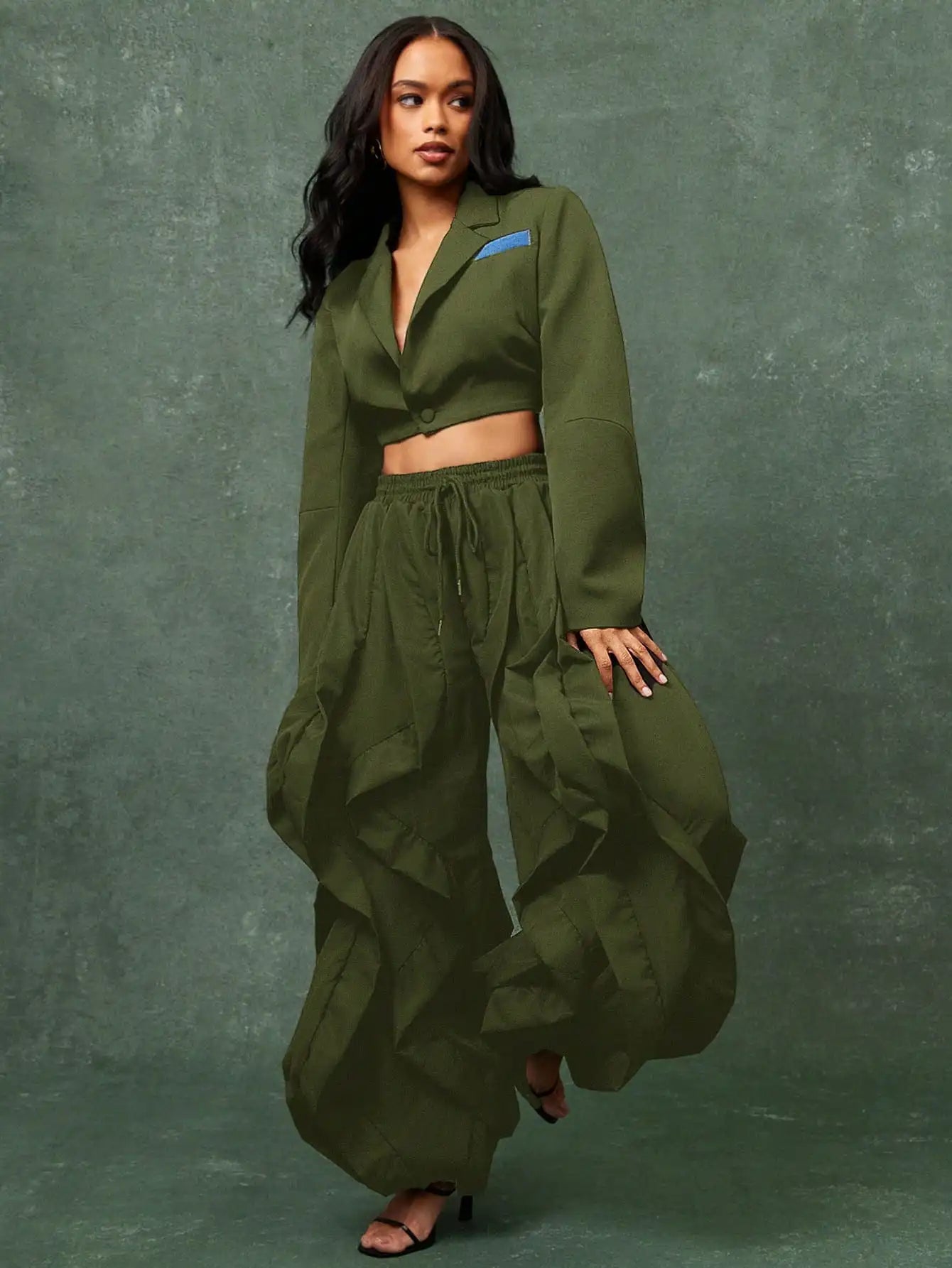 Crop Top And Ruffle Detail Wide Leg Jogger Pants Set