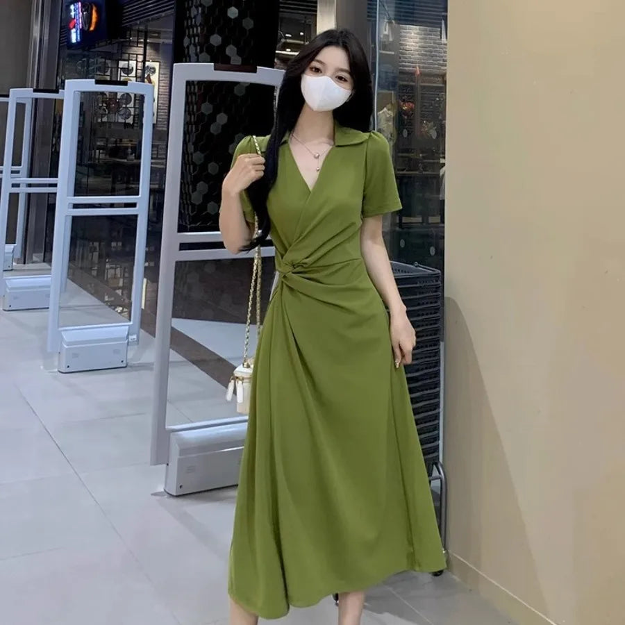 【New style】Pear shaped figure super slimming and skin-covering dress summer new style polo collar knot knot -style split a-line