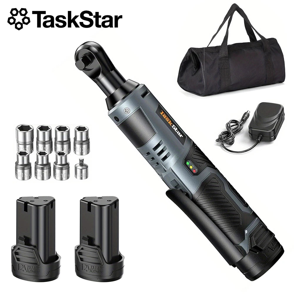 TaskStar 12V 3/8" Electric Ratchet Wrench Set w/ 2.0Ah Battery Rechargeable Angle Wrench 40Nm Disassembly Nut Car Repair Tool