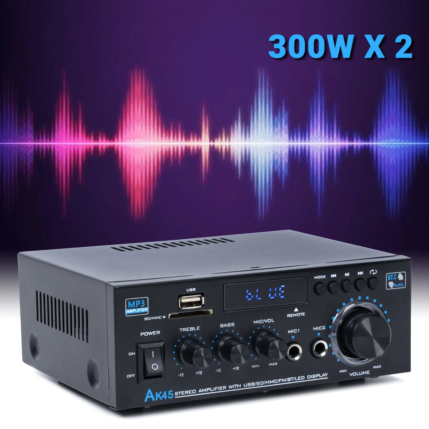 NEOHIPO AK45 2.0 Channel Amplifier 40Wx2 Stereo Audio Power Amp with Bluetooth 5.0, USB/SD Playback, Bass Treble Control for Hom