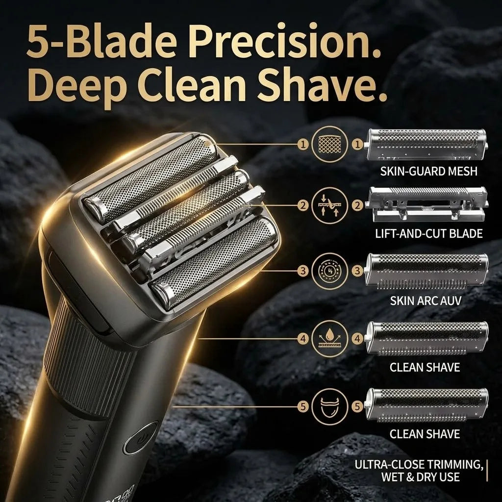 Electric Shaver for Men with 5 Precision Blades, Professional Foil Shaver with LED Power Display, IPX6 Waterproof Wet & Dry Cordless Rechargeable Razor, Portable Ergonomic Grooming Kit for Travel
