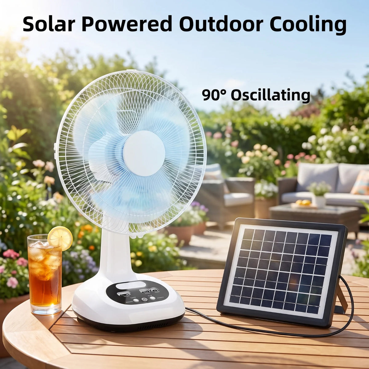 Solar Powered Fan Set With LED Bulbs 6V 4500mAh Rechargeable Desk Fan 18W Copper Motor 2 Speed Wind Portable Cooling Fan Built In Battery Power Bank Function With 9V 3W Solar Panel For Outdoor Camping Home Emergency Lighting