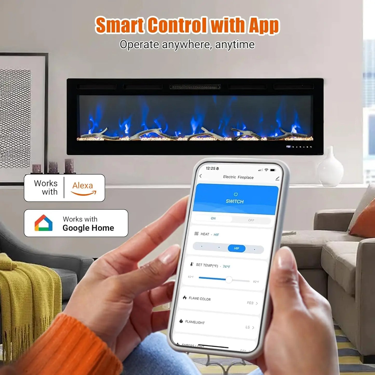 50/60/72inch Smart WiFi Electric Fireplace Remote & App Control Adjustable Flame 1500W Quartz Heater With Overheating Protection