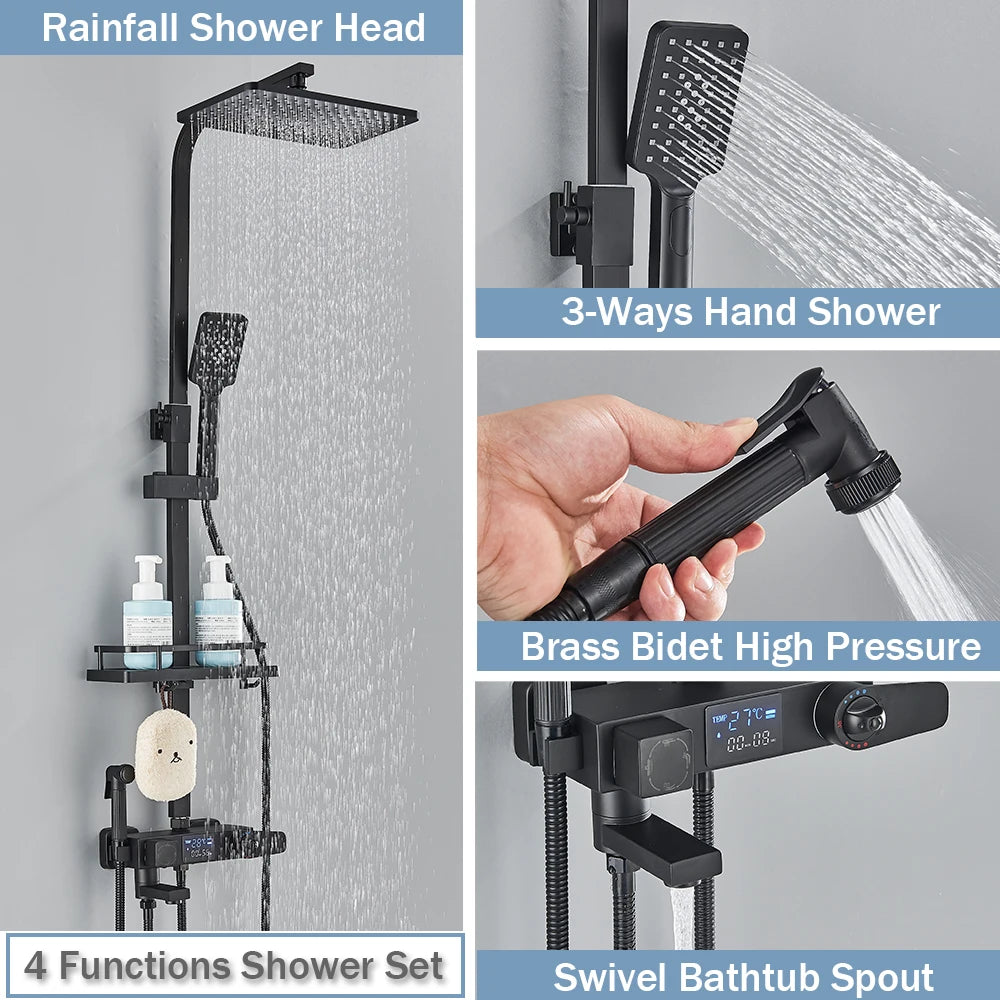 Rozin Black Smart Thermostatic Shower Faucet Set Bathroom Intelligent Rainfall Digital Mixer Tap With Rack and Bidet Bath System