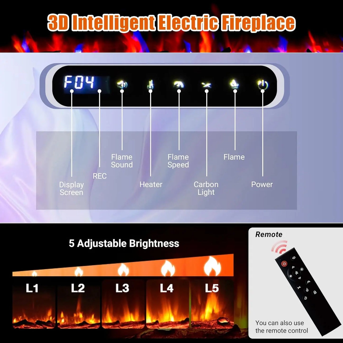 50/60/72inch Smart WiFi Electric Fireplace Remote & App Control Adjustable Flame 1500W Quartz Heater With Overheating Protection