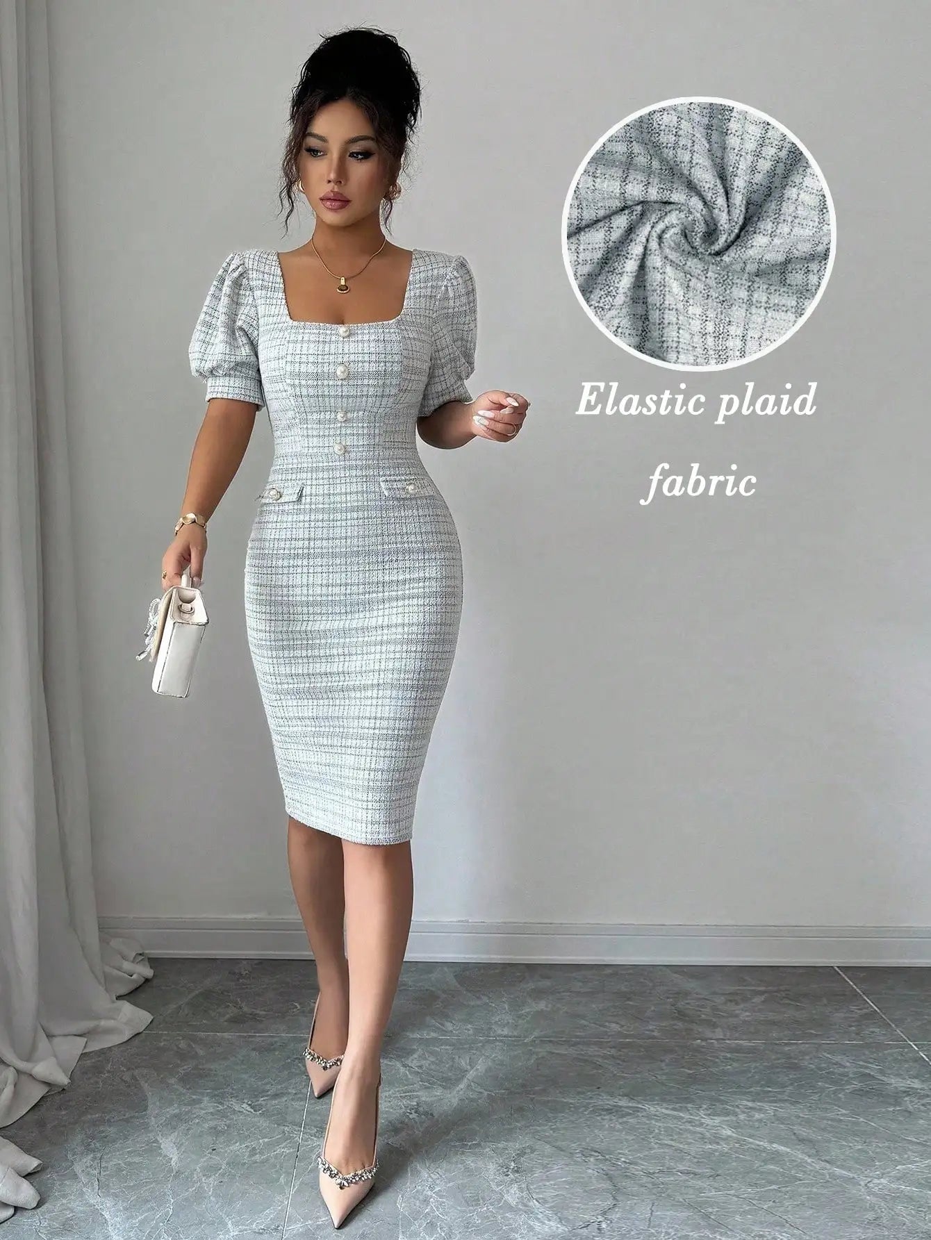 Elegant Square Neck Puff Sleeve Bodycon Midi Dress With Buttons