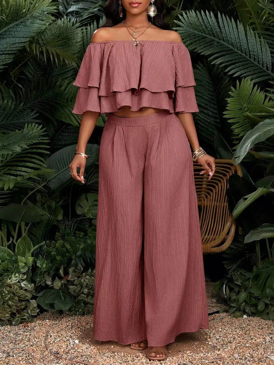 Women Off Shoulder Ruffle Crop Top With Wide Leg Pants