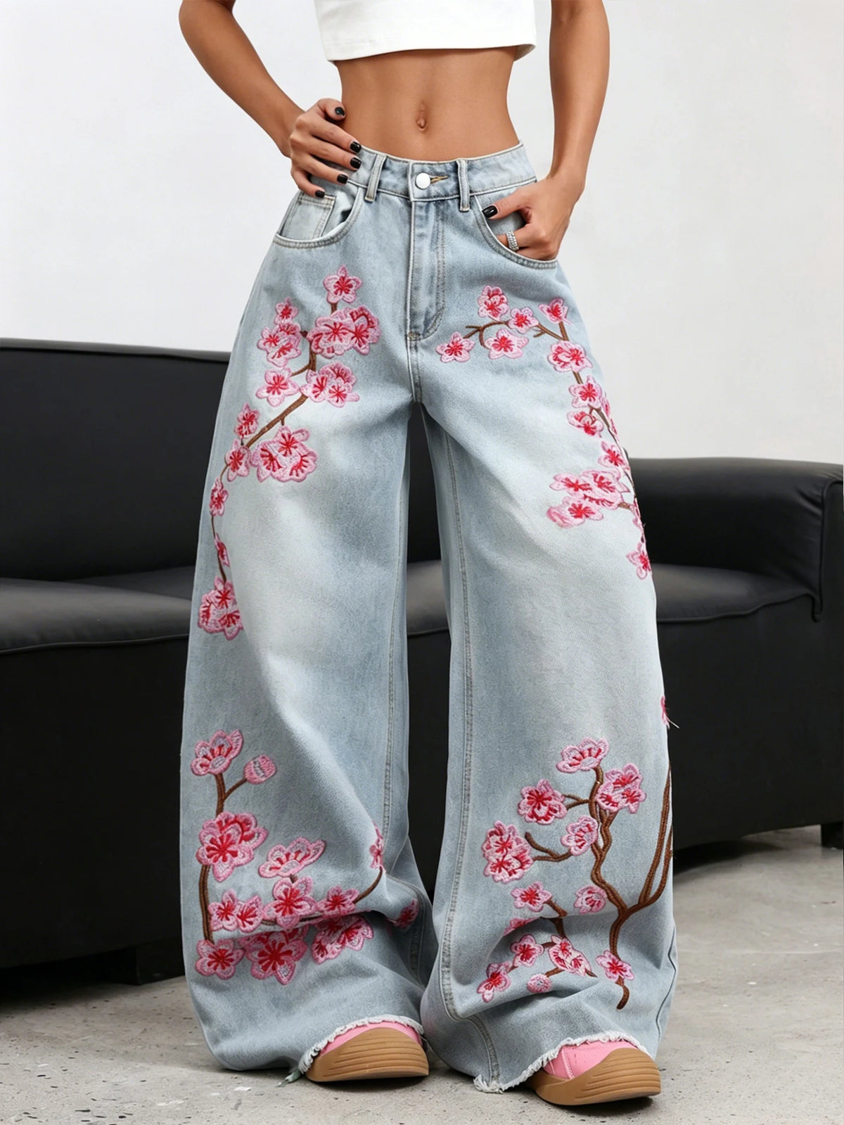 Women's Embroidered Plum Blossom Wide Leg Denim Jeans