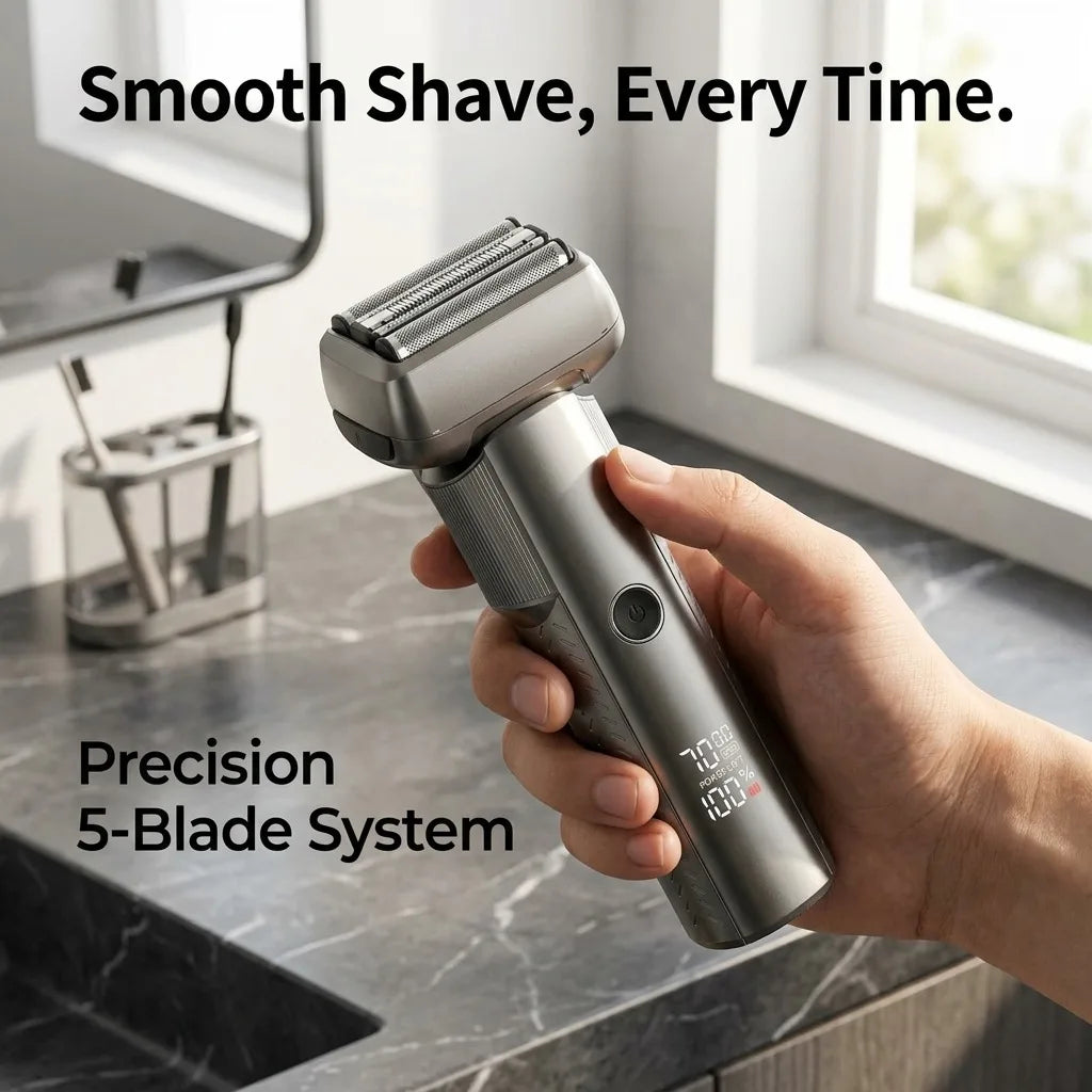Electric Shaver for Men with 5 Precision Blades, Professional Foil Shaver with LED Power Display, IPX6 Waterproof Wet & Dry Cordless Rechargeable Razor, Portable Ergonomic Grooming Kit for Travel
