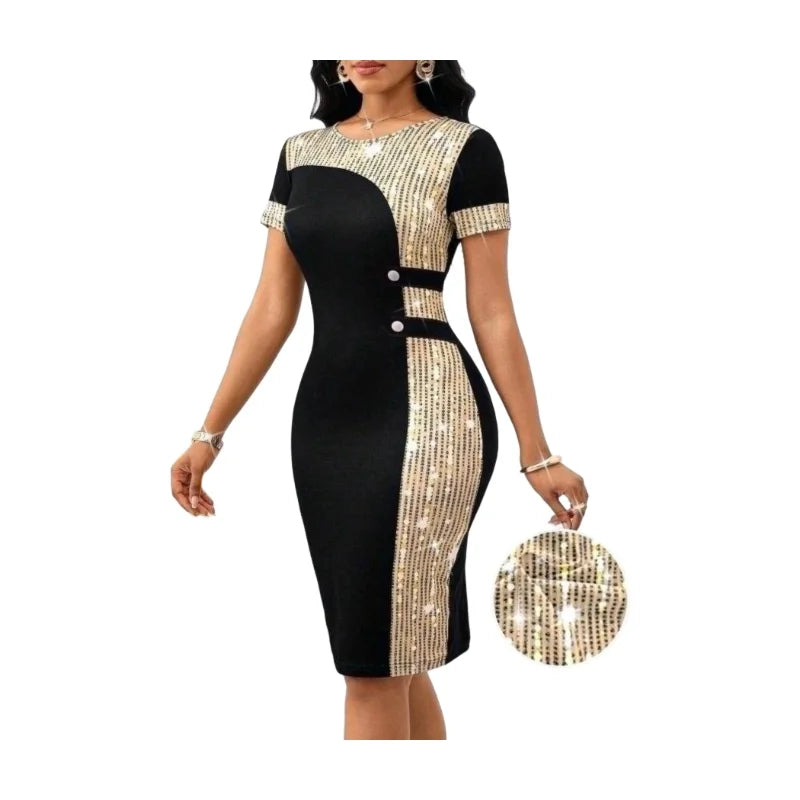 Women's Color Block Bodycon Midi Dress Short Sleeve Round Neck