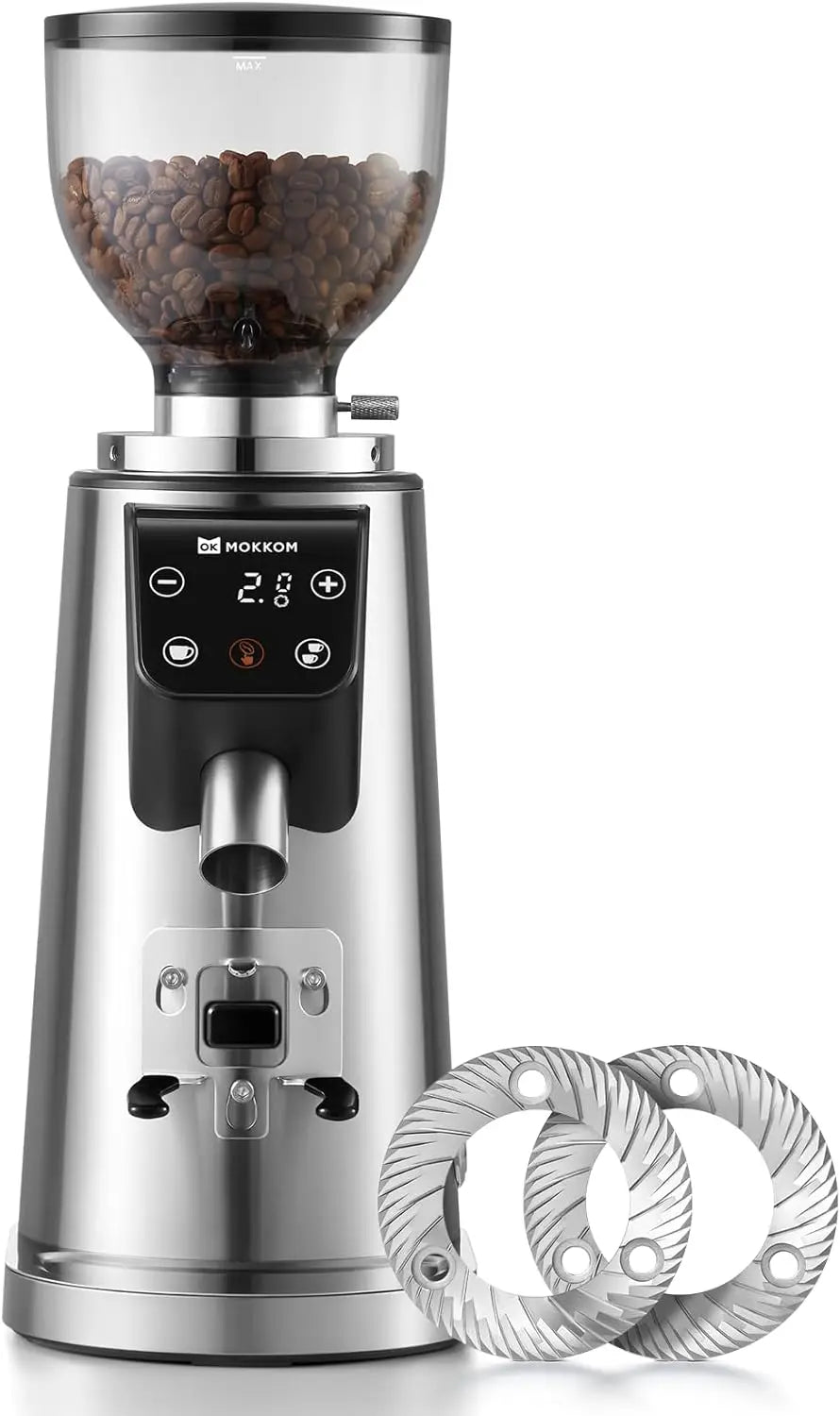 64mm Flat Burr Coffee Grinder 100 Grind Settings All Metal Stainless Steel Body Adjustable Electronic Timer Anti Static LED Disp
