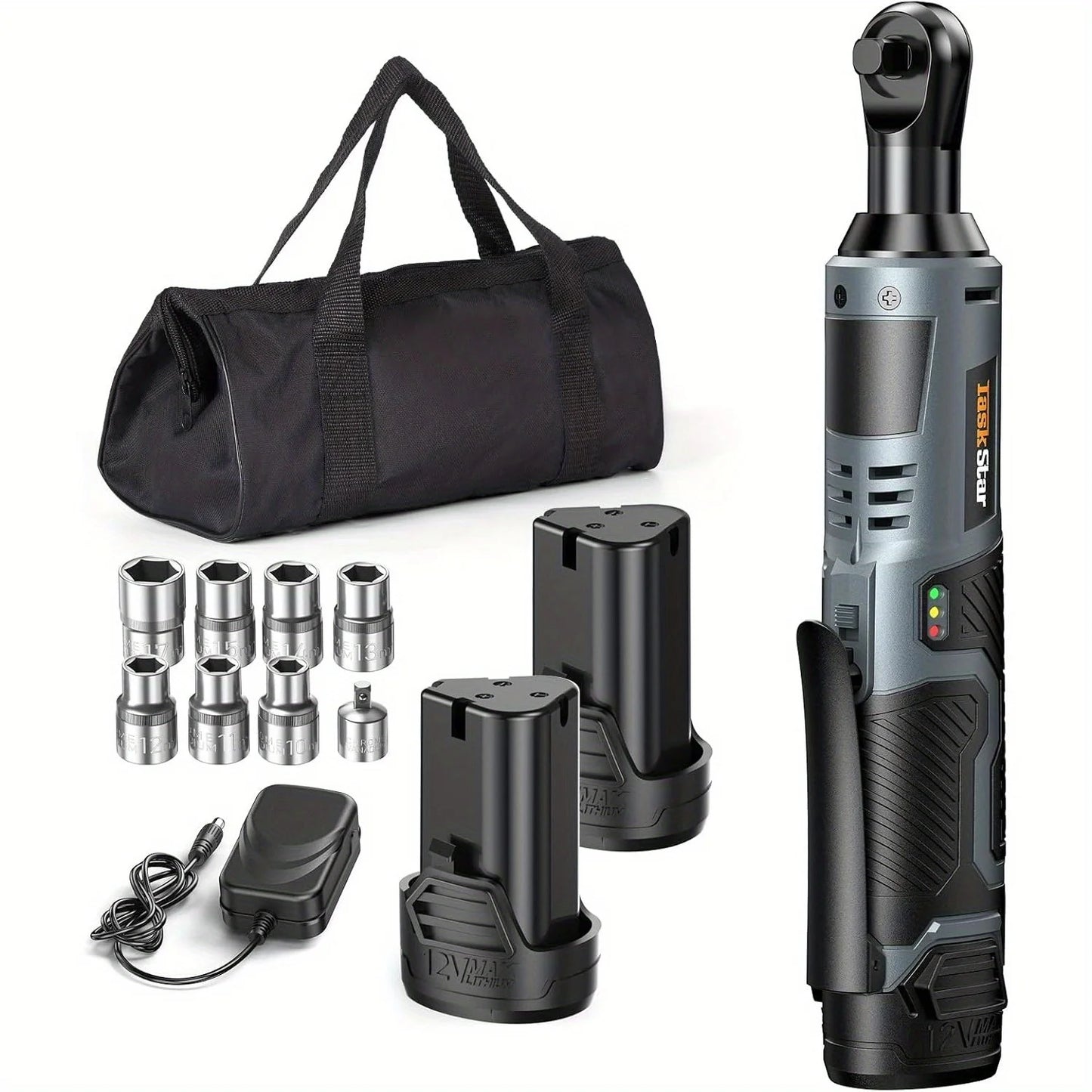 TaskStar 12V 3/8" Electric Ratchet Wrench Set w/ 2.0Ah Battery Rechargeable Angle Wrench 40Nm Disassembly Nut Car Repair Tool