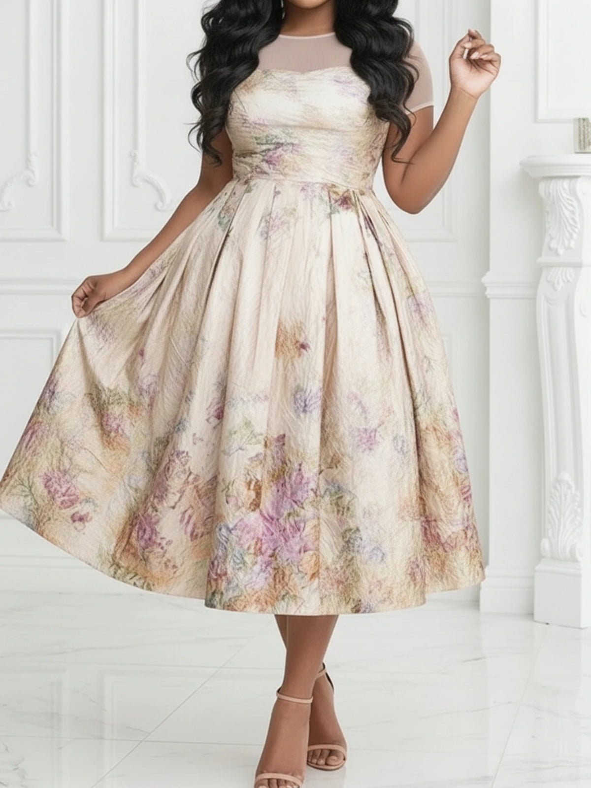 Women Printed Pleated Polyester Dress For Casual Occasions