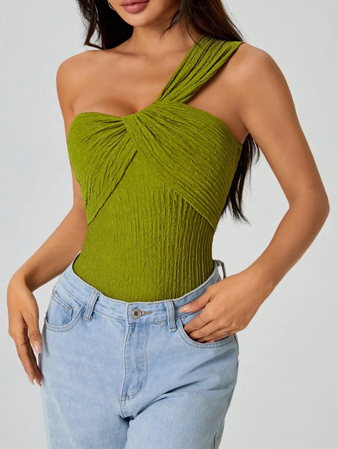 Women One Shoulder Twist Crinkle Bodysuit Slim Fit Sleeveless Top