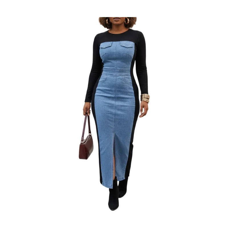 Women's Knit Patchwork Long Sleeve Casual Front Split Dress