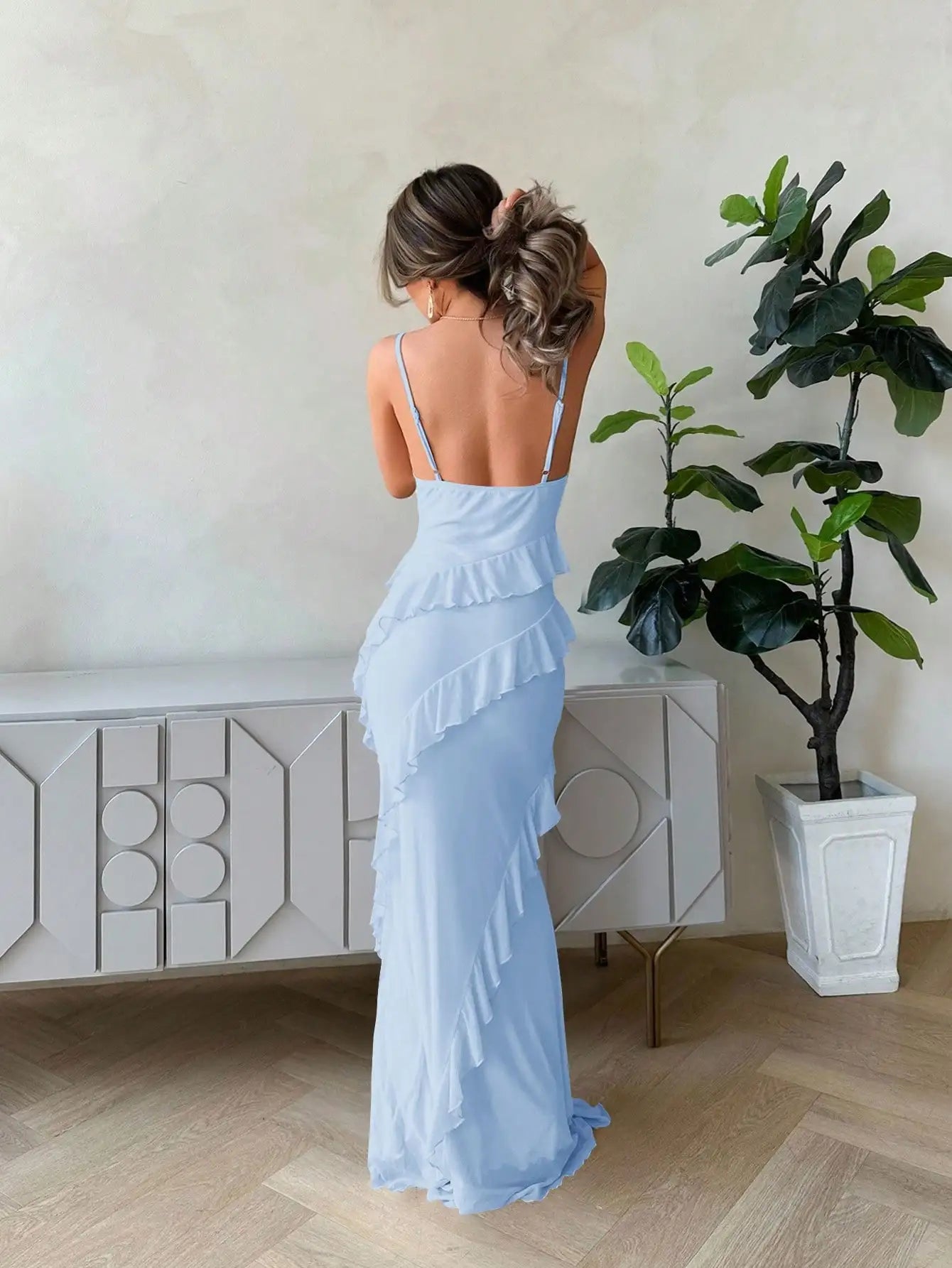 Long Ruffle Trim Camisole Neck Bodycon Dress For Women Romantic Date Party Spring Summer Pastel